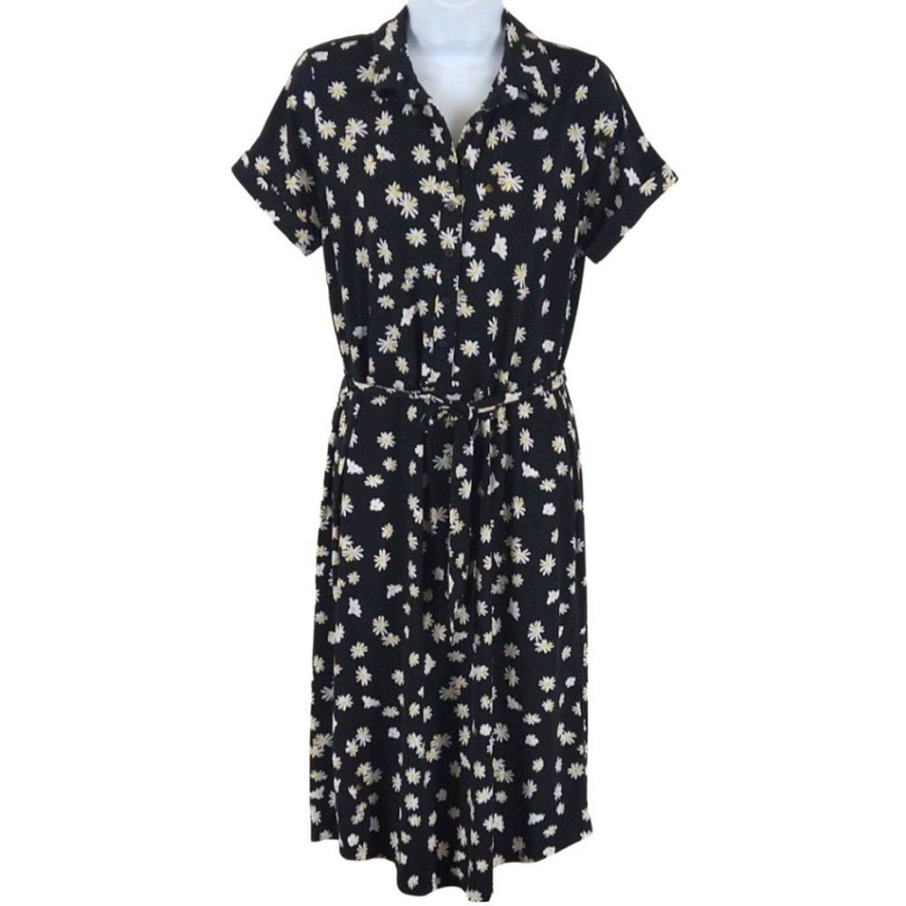 Cynthia Rowley button down black midi dress with daisies size m